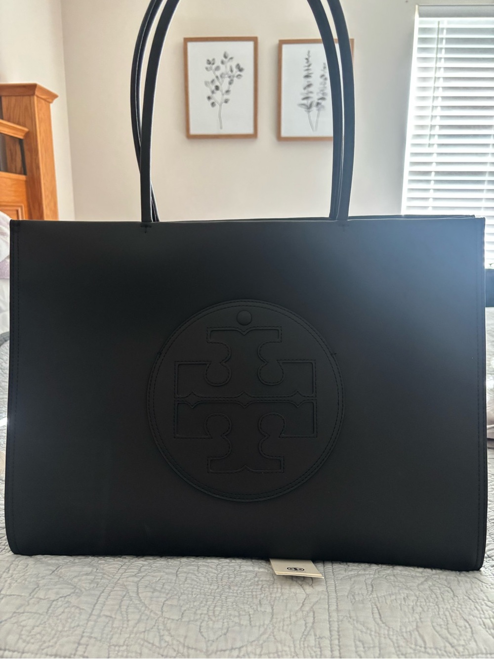 Black Leather Tote Bag with Embossed Logo